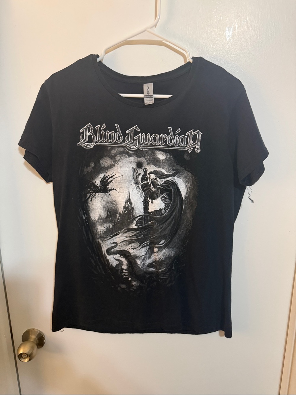 Women’s Black Blind Guardian Band Tee with Monochrome Fantasy Print